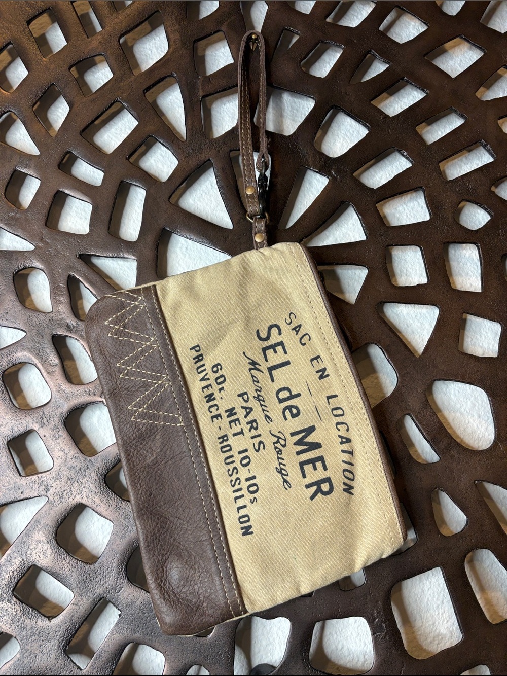 🤎 Myra Bag Sel de Mer Clutch Wristlet Wallet Tea Stained Canvas Leather Trim 🤎